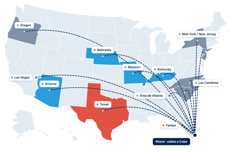 Mapa de Estados Unidos con todos los hubs y rutas hacia Miami